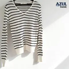 AZUL basic ストライプ柄 Vネック長袖ニットシャツ 白×黒 S【美品】