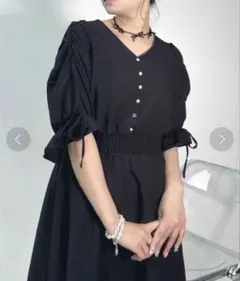 As know as plus ワンピース 黒 ドレス 5分袖 パフスリーブ