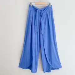 ワイドパンツ 【S】レーヨン混 リラクシー 落ち感 涼感 リボン ラップ風 青