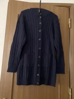 【美品】LACASTA ネイビー リブ編みフード付きロングカーディガン毛100%