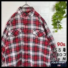 US古着 90s POLO SPORT チェック 長袖 薄手 ネルシャツ 刺繍