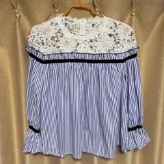 長袖ブラウス　レース　ストライプ　韓流　オフショルダー