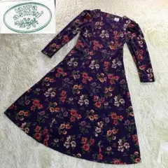 ローラアシュレイ 長袖ロングワンピース ベロア 花柄 パフスリーブ Aライン 紫