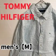 Y437【TOMMY HILFIGER】ワンポイントストライプシャツ【M】ブルー