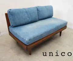 美品■ウニコ■スウェラ■デニム生地■2人掛けソファ■アカシア材■北欧モダン■ 美品□ウニコ□スウェラ□デニム生地□片アーム2人掛けソファ