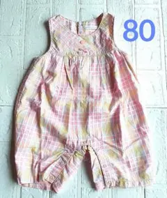 ★80　ロンパース　bebe　美品　ピンク系チェック柄