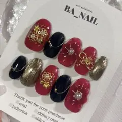 【現品】ネイルチップ　成人式ネイル　振袖　ぷっくりフラワー　チークネイル　赤　黒