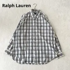 ラルフローレン 長袖ボタンダウンシャツ ポニーロゴ刺繍 ネイビー×ホワイト XL