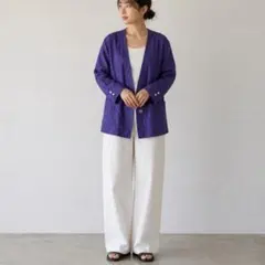 【美品】Givy レナウン ノーカラー麻ジャケット 9号(M) パープルのサムネイル