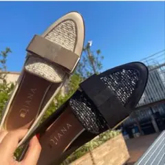 ダイアナ DIANA 平リボンオペラシューズ×ラメツイード ベージュ