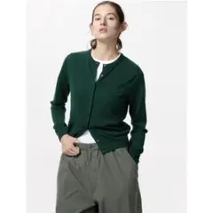 メリノクルーネックカーディガン L グリーン