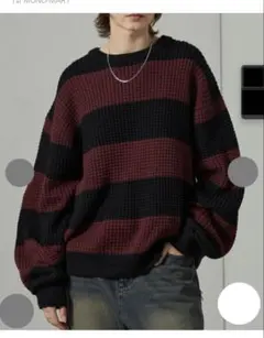 【Alfred Alex】ボーダーバルキーワッフル オーバーサイズニット