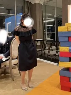 【ウエストリボン付き】フリル へプラム レースドレス【Lサイズ】