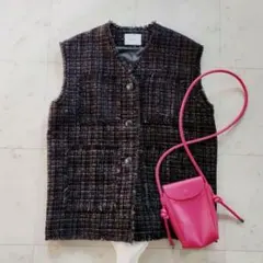 未使用 定価2.2万 MANOF ツイードベスト フリンジ 黒 ワイドシルエット