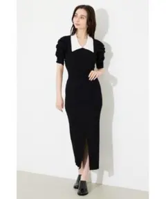 rienda 襟付き パフスリーブ ニットワンピース ブラック
