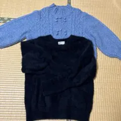 青いケーブルニットセーター 長袖 黒　カシミヤセーター