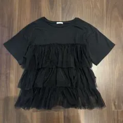 チュールフリル 半袖Tシャツ ブラック　Mのサムネイル
