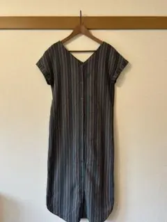 SHIPS khaju ストライプ Vネック 半袖ワンピース ウエストベルト付き