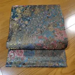 袋帯　正絹　美品　青と金の花柄