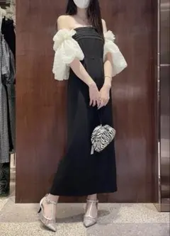 LILY BROWN（リリーブラウン）ボリュームチュールスリーブドレス BLK