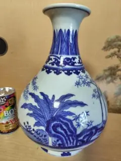 美品】特大38cm 砥部焼 萩窯 花瓶 玉壺春瓶 花鳥紋 染付 飾り壺 華道