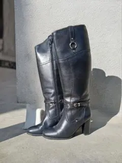 黒 レザー ロングブーツ 中ヒール