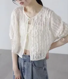 【値下げ】シアー フリル フロントリボン ブラウス 夏トップスのサムネイル