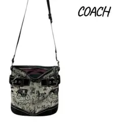 『訳あり』COACH ショルダーバッグ 斜めがけ 馬車柄 キャンバス ブラック