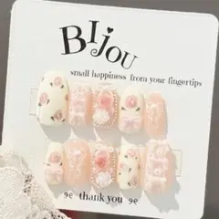 53. フレンチガーリー　ネイルチップ　小花柄　リボン　韓国