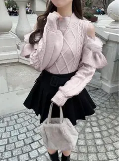 フェザーショルダーオープンニットトップス[tt012]