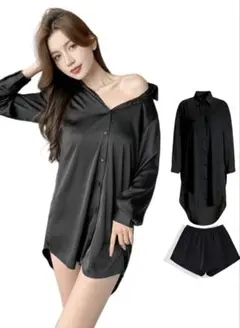 【新品・未使用品】彼シャツ　パジャマ　サテン地　黒　ショートパンツ付　Mサイズ