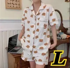 【新品未使用】パジャマ 総柄 くま 上下セット 白 襟付き ルームウエア 半袖