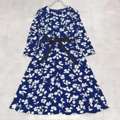 美品✨ローレンラルフローレン ワンピース 花柄 ストレッチ リボン 青 S〜M