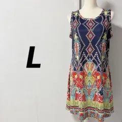 ノースリーブ マルチカラー 総柄 ワンピース 膝上丈 エスニック Aライン L