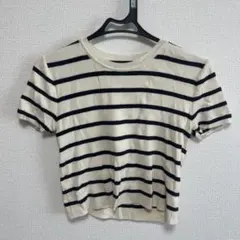アイボリー・ネイビー ストライプ 半袖ニット