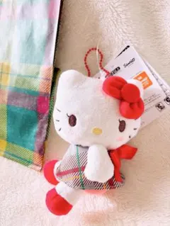 新品ハローキティ 小樽カフェ限定 マスコットぬいぐるみ／赤リボン／チェックワンピ