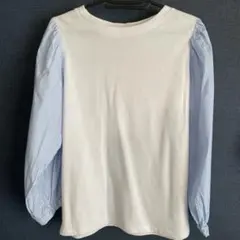 ホワイト・ストライプパフスリーブ長袖トップス