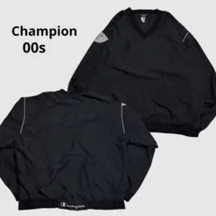 Champion 刺繍ロゴ ブラック Vネック ナイロンジャケット プルオーバー