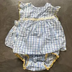 水色チェック フリルロンパース 70サイズ