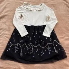 音楽モチーフ 長袖　ワンピース フリルネック　チュール　110 紺色　お稽古