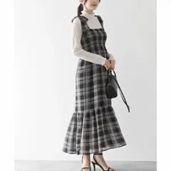 rps シフォンチェック柄シャーリング肩リボンワンピース フリーサイズ