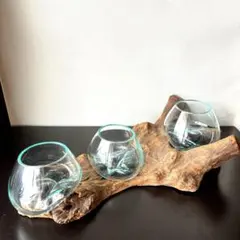新入荷」バリ島直輸入 天然木×吹きガラス フィッシュボール 【三口 