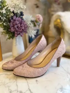 Ginza Kanematsuピンク レース ポインテッドトゥ ハイヒール