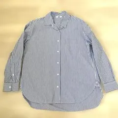 ユニクロW’s エクストラファインコットンストライプシャツ長袖ブルーS※シミ有