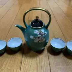 緑色花柄急須と湯呑み5個セット