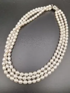 【美品】淡水本真珠パールネックレス 3連 テリ艶強め アクセサリー silver