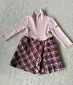 タートルネック チェック柄 ニットワンピース　100cm