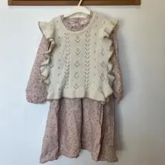 小花柄ワンピース&フリルニットベストのセット 120