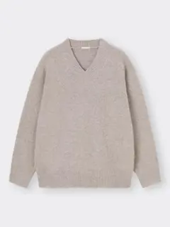 GU ベージュ ブラッシュドヤーンVネックセーター　メンズ