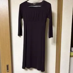 ダークパープル 七分袖 膝丈ワンピース　キャミソール付き